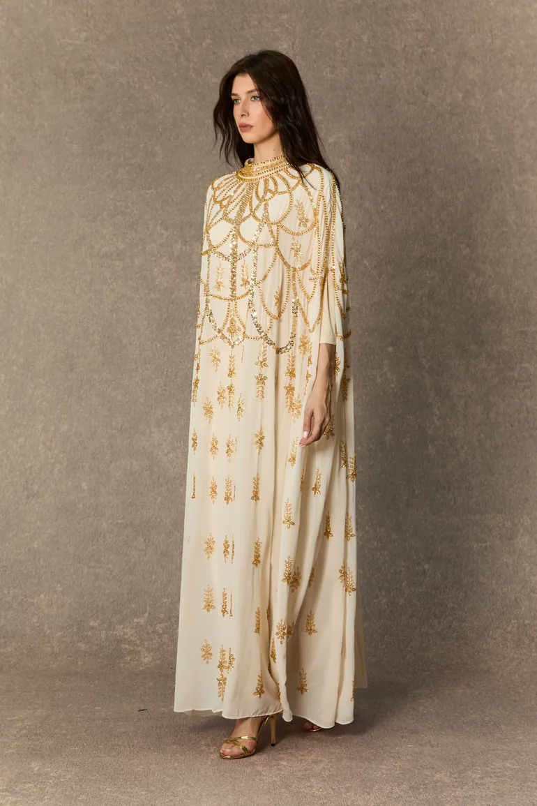 Perfectly Luxurious Beige Sequin Embroidered Maxi Kaftan - 3