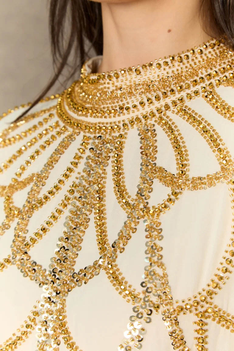 Perfectly Luxurious Beige Sequin Embroidered Maxi Kaftan - 8