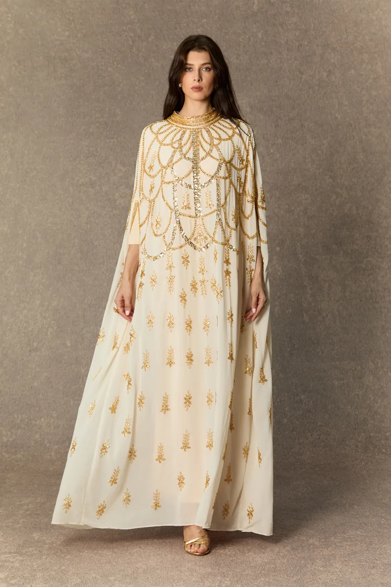 Perfectly Luxurious Beige Sequin Embroidered Maxi Kaftan