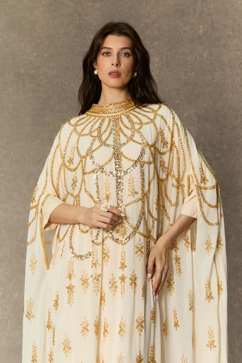 Perfectly Luxurious Beige Sequin Embroidered Maxi Kaftan - 6