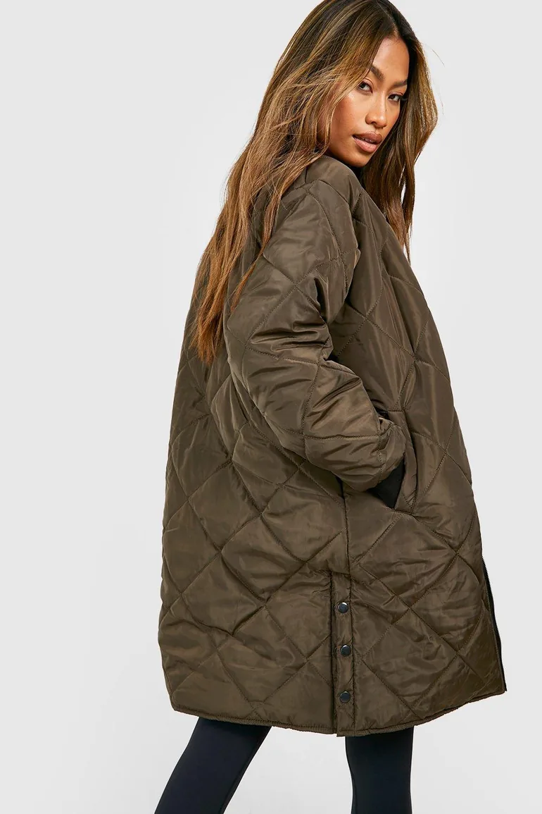 Longline Quilted Bomber Jacket - khaki - 1