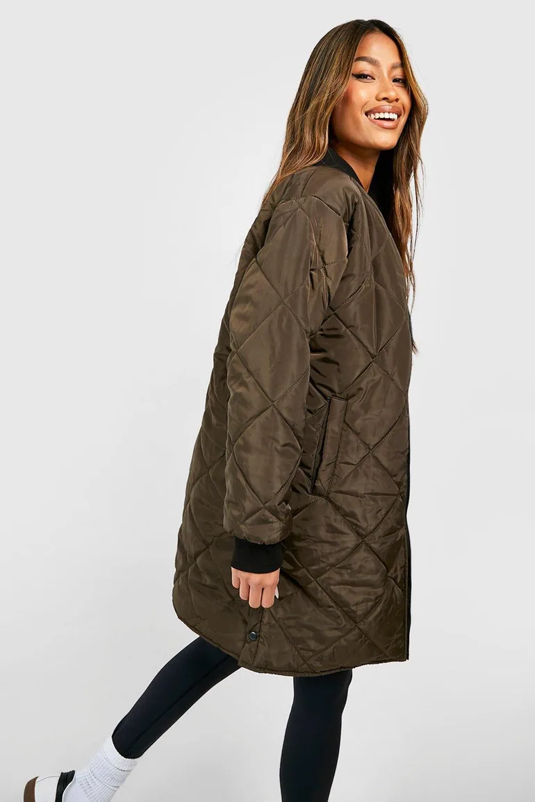 Longline Quilted Bomber Jacket - khaki - 2