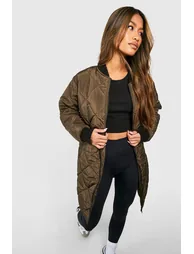 Longline Quilted Bomber Jacket - khaki
