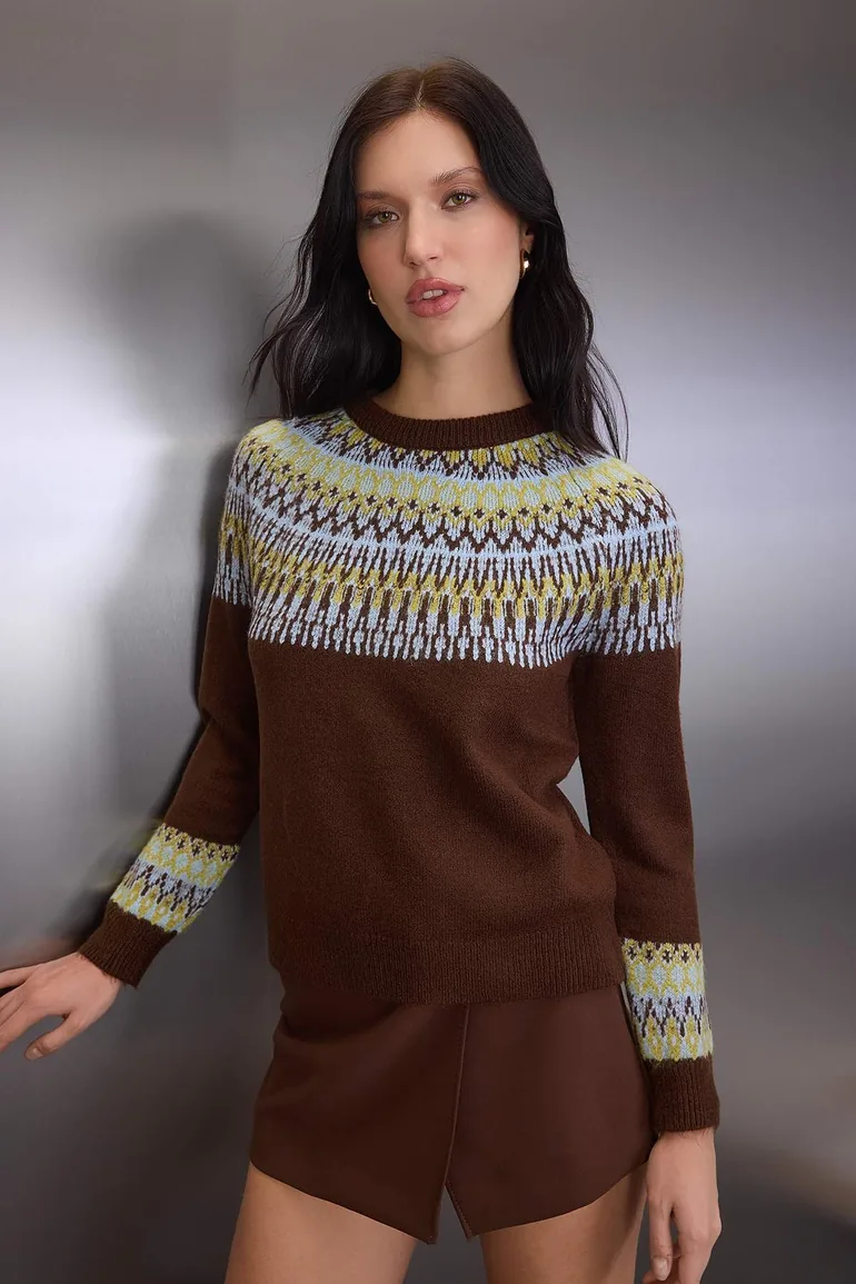 Brown soft textured ethnic patterned knitwear sweater - 1