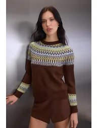 Brown soft textured ethnic patterned knitwear sweater - 1