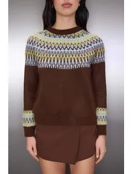 Brown soft textured ethnic patterned knitwear sweater - 2