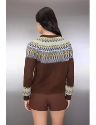 Brown soft textured ethnic patterned knitwear sweater - 3