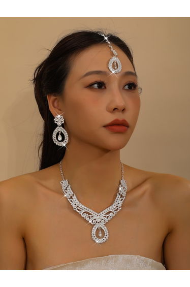 3-Piece Embellished Drop Necklace, Forehead Pendant and Earrings Jewelry Set