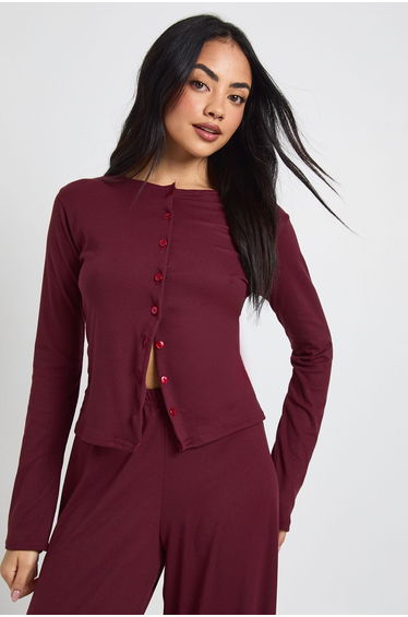 Ultra Soft Button Through Long Sleeve Top - burgundy