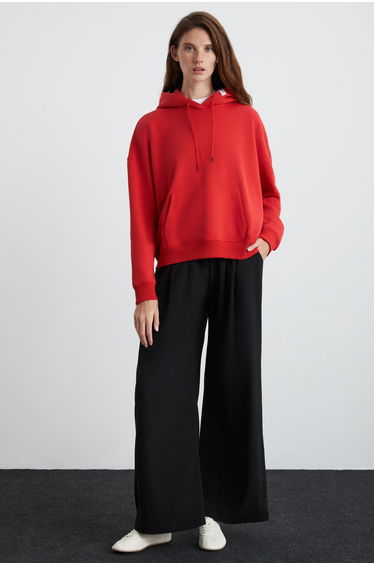 Sonıa Women's Hooded Kangaroo Pocket Cord Detailed Red Sweatshirt
