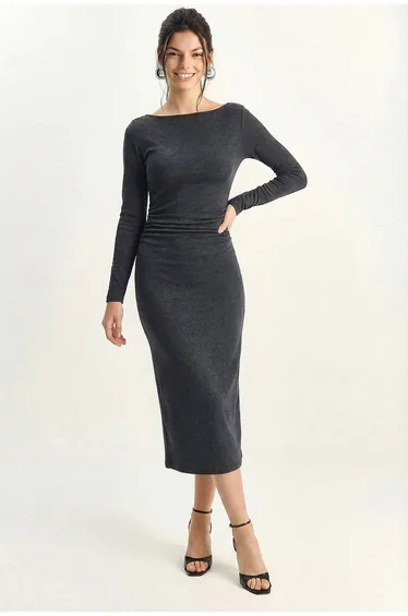 LUCCI Boat Neck Bodycon Midi Dress with Drape Detail