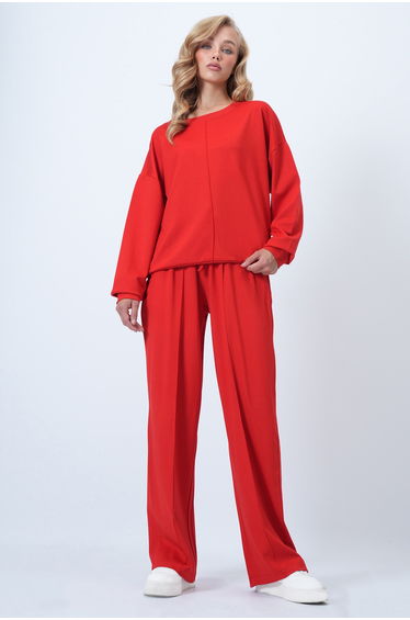 Women's Red Crew Neck Ribbed Stitching Blouse and Double Pocket Green Trousers Set