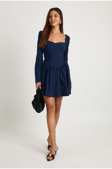 Long Sleeve Tie Waist Skater Mini Dress - navy
