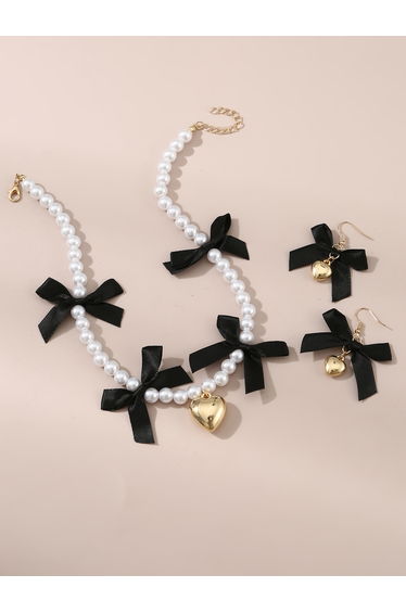 Set of 2 - Faux Pearl Embellished Pendant Necklace and Earrings