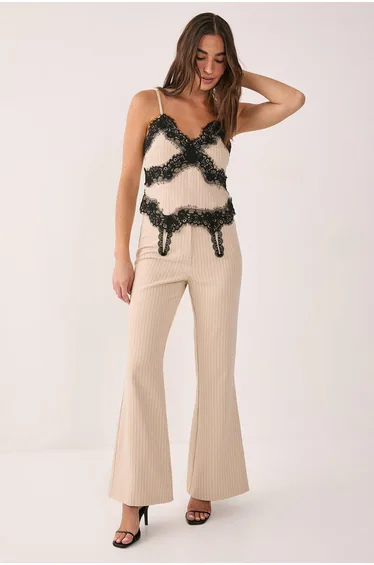 Pinstripe Lace Trim Tailored Flared Pants