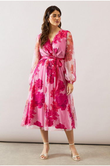 Floral Mesh Satin Tie Midi Dress