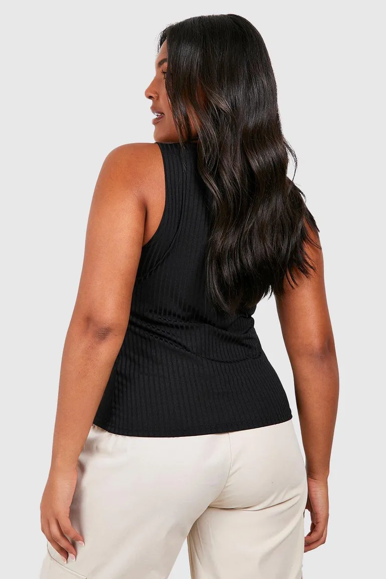 Plus Hook And Eye Rib Sleeveless Corset Top - black - 1
