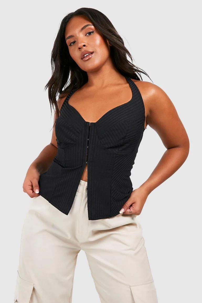 Plus Hook And Eye Rib Sleeveless Corset Top - black