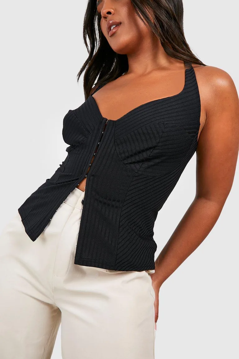 Plus Hook And Eye Rib Sleeveless Corset Top - black - 3