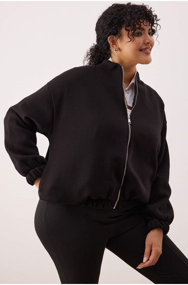 Black bomber collar oversize/wide fit front zippered large size sweatshirt