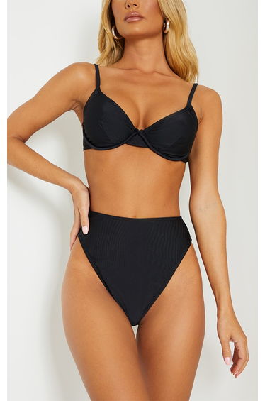 Black Mix & Match Recycled Fabric High Waisted High Leg Bikini Bottoms