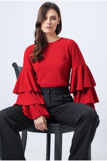 Women's Red Crew Neck Flared Sleeve Crepe Blouse