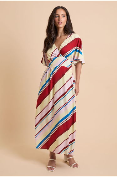 Stripe Cape Sleeve Plunge V Neck Maxi Dress