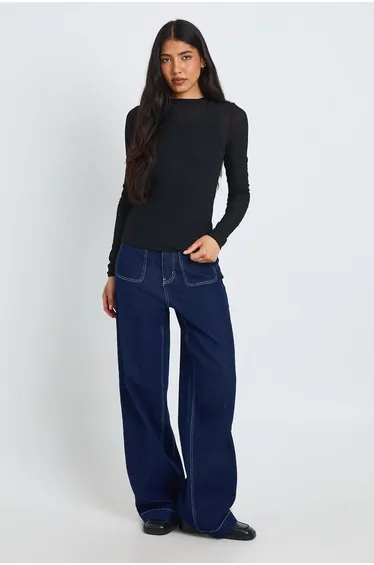 Tall Double Layer Sheer Rib Racer Long Sleeve Top - black