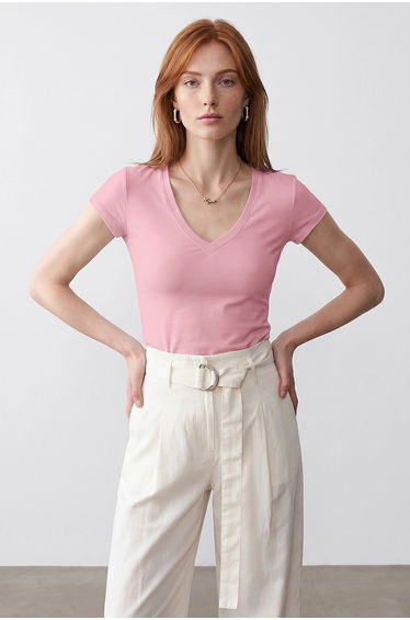 DILVIN Slim Fit V-Neck Jersey Blouse