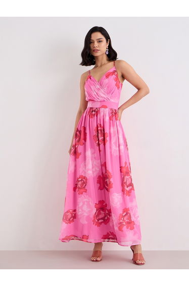 Pink Floral Print Strappy Maxi Dress