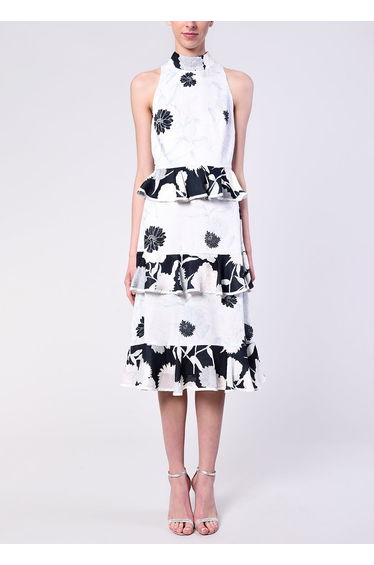 White Soft Floral Jacquard Tiered Midi Dress
