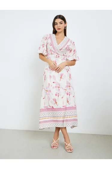 Women Pink Floral Short Sleeves A-Line Maxi Dress
