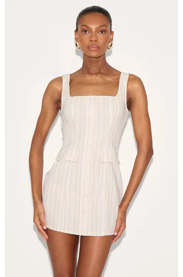 فستان مخطط بجيوب لون بيج