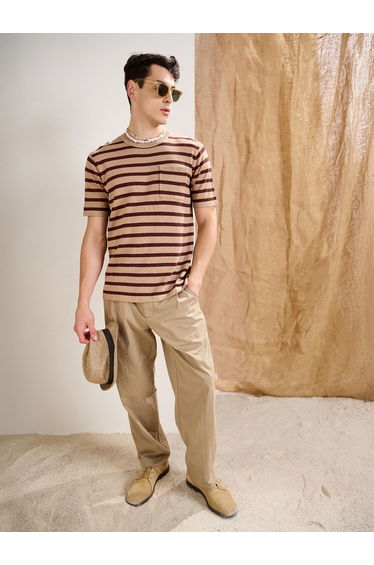 Beige and Brown Striped Premium Knit Chest Pocket T-Shirt
