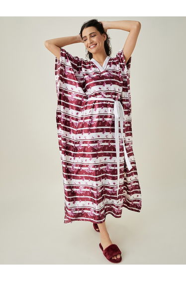 White and Maroon Floral Printed Kaftan Nightdress