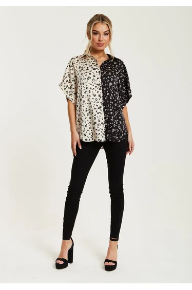 Women's Monochrome Heart Print Short Sleeve Shirt