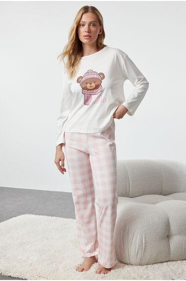Ecru Plaid / Checked Single Jersey Knitted Pajama Set