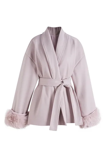 Faux Fur Cuffs Shawl Collar Wrap Coat in Lavender