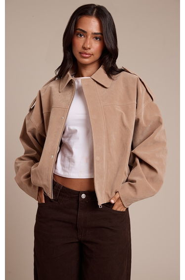 Petite Stone Faux Suede Oversized Zip Up Jacket