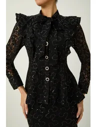 Moment Maker Black Embellished Lace Ruffle Shoulder Top & Skirt Set - 7