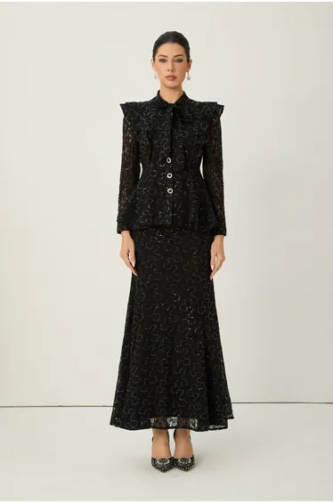 Moment Maker Black Embellished Lace Ruffle Shoulder Top & Skirt Set