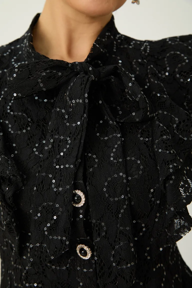 Moment Maker Black Embellished Lace Ruffle Shoulder Top & Skirt Set - 1