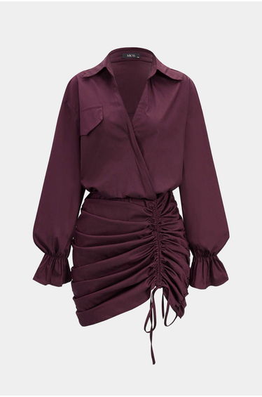 Ruched V-Neck Drawstring Ruffle Long Sleeve Mini Dress