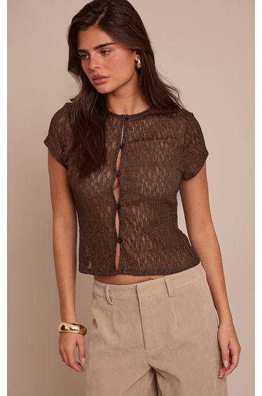 Chocolate Lace Short Sleeve Button Up Top
