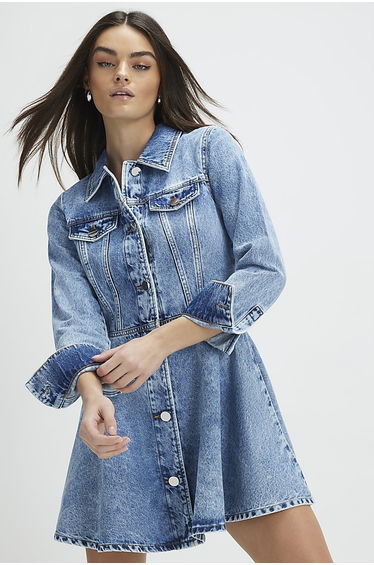 Blue Long Sleeve Denim Mini Shirt Dress