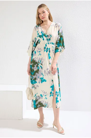 Ecru Floral A-Line Double Breasted Midi Woven Dress