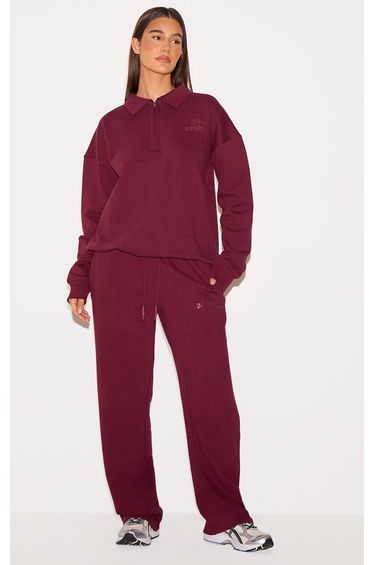 PRETTYLITTLETHING Burgundy Premium Studio Archives Straight Leg Joggers