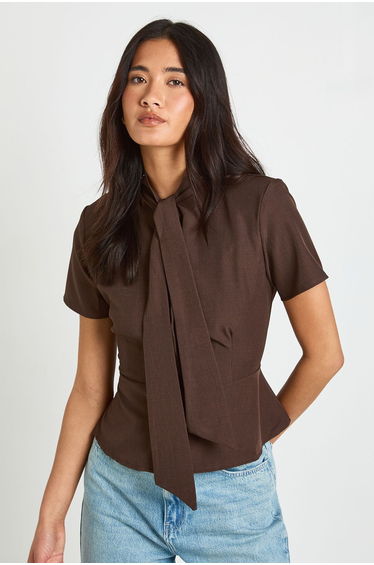 Scarf Detail Peplum Tailored Top - chocolate