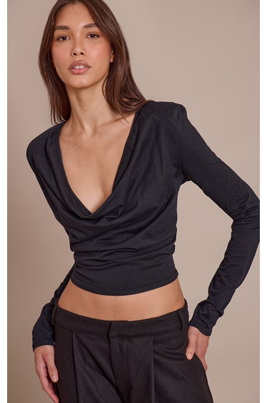 Black Cotton Cowl Neck Shoulder Pad Long Sleeve Top