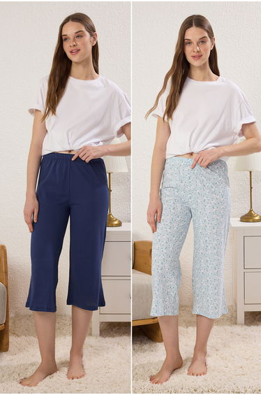 Blue-Multicolored 2-Pack Cotton Floral Capri Knitted Pajama Bottoms